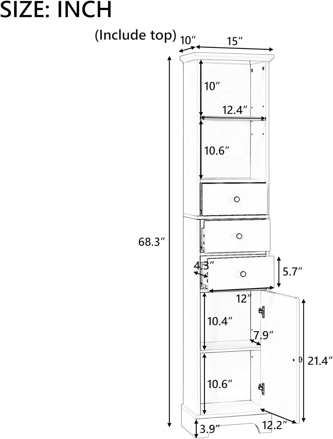 EPOFIT Armario de almacenamiento alto para baño con 4 estantes y cajón de almacenamiento, armarios de baño blancos independientes, gabinete estrecho