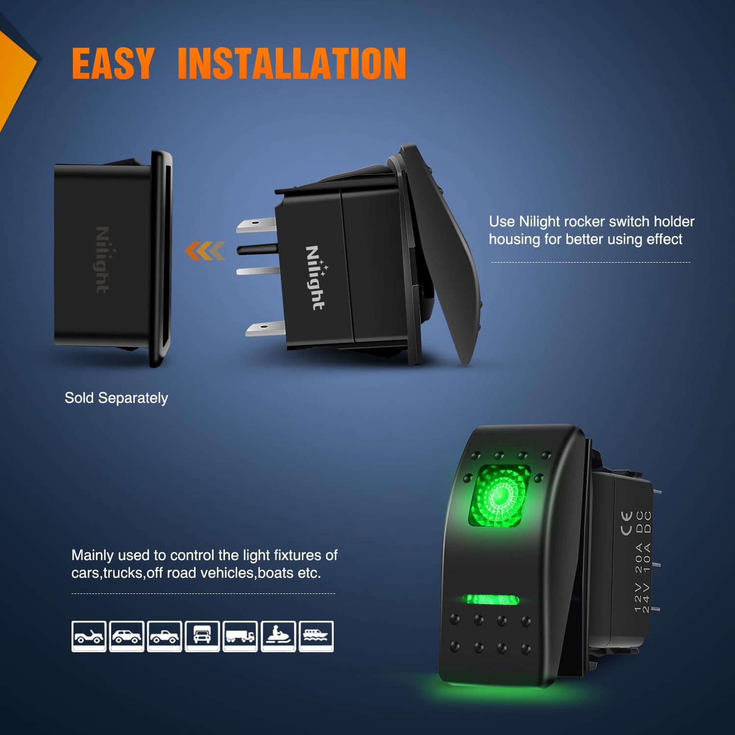Nilight Paquete de 3 interruptores basculantes con calcomanías de brillo nocturno para bricolaje, encendido y apagado de 5 pines SPST, interruptores