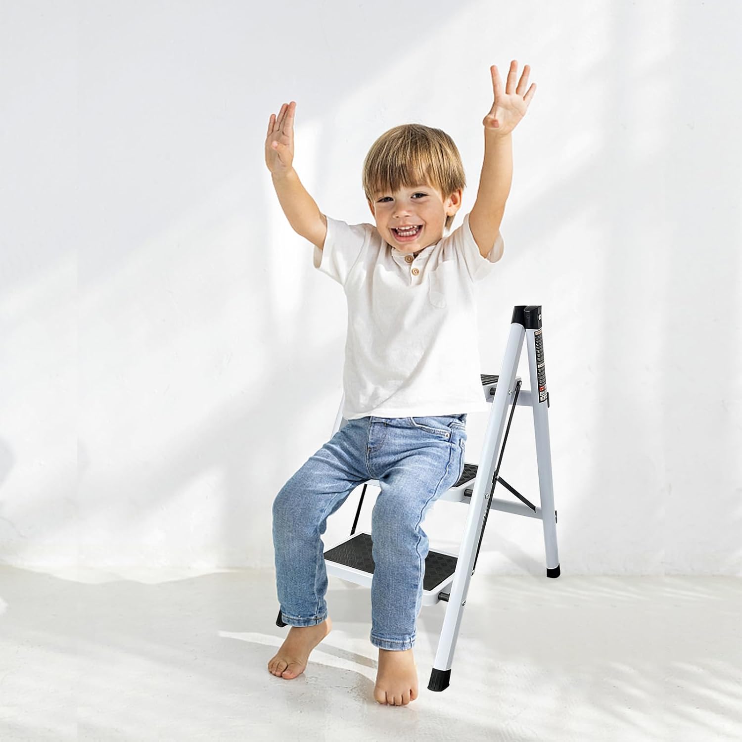 Escalera plegable con pedal antideslizante ancho, escaleras portátiles de acero resistente, ligero para cocina, hogar y oficina (3 escalones)