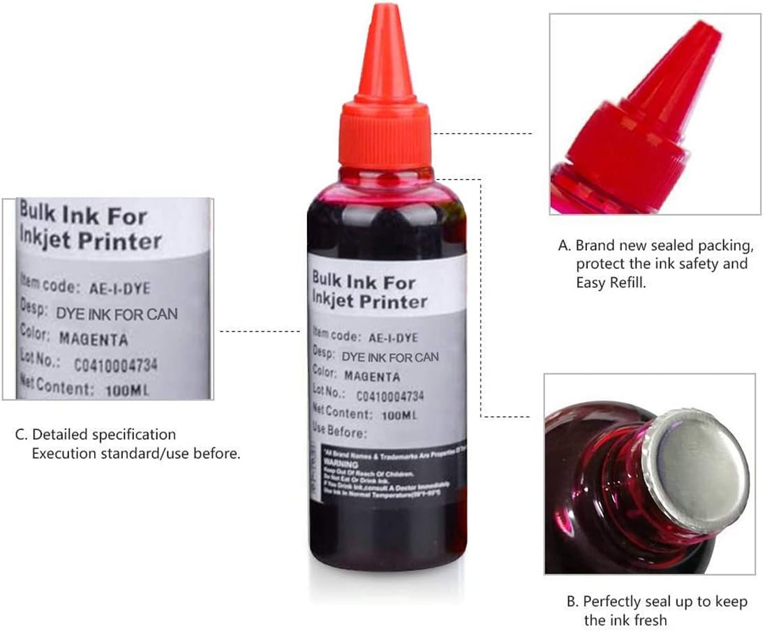 INK+ Kit de recarga 6x100ml para Canon 250 251 270 271 280 281 225 226 1200 2200 PG210 CL211 PG245 CL246 Cartucho de tinta recargable con 5 jeringas