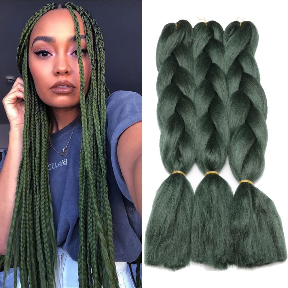 Extensiones de cabello original Jumbo trenzas, color verde oscuro puro, 3 unidades, 24 pulgadas, 3.53 ozunidad para trenzar caja trenzada (verde