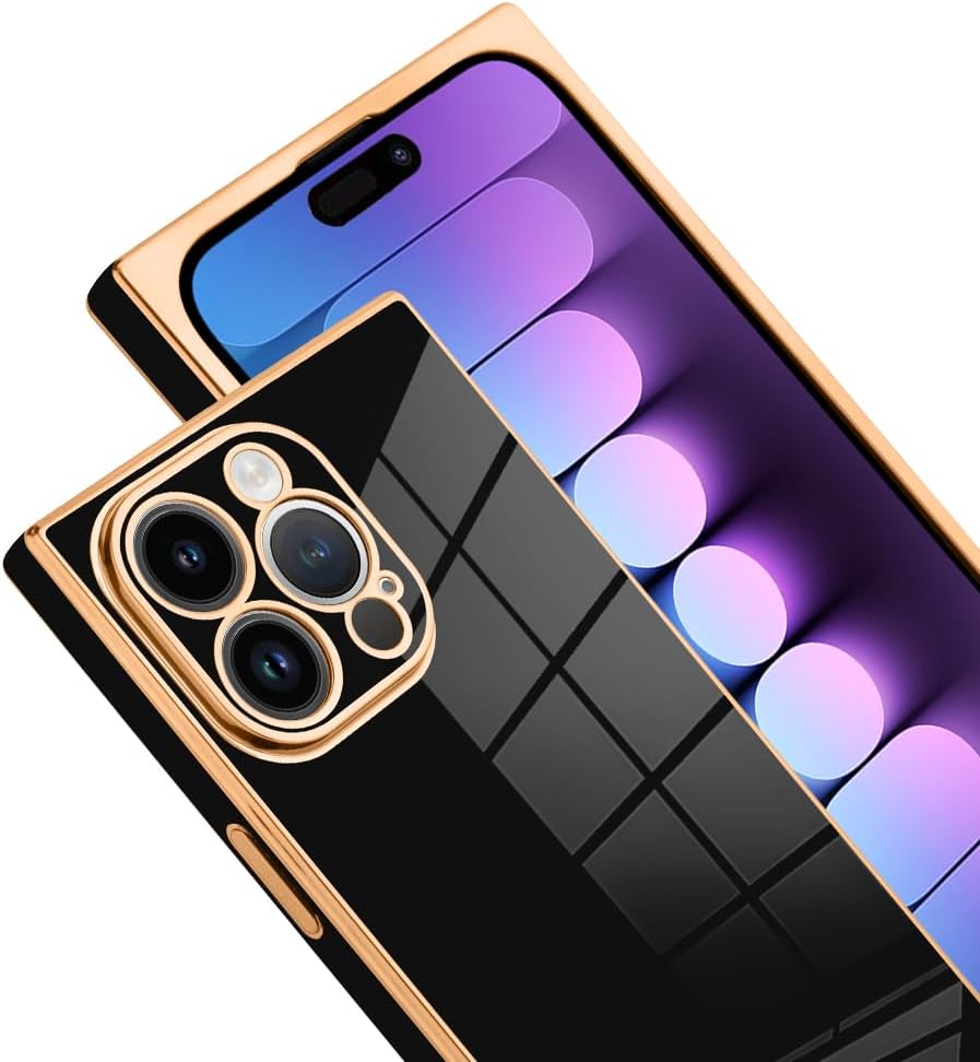 SAKUULO Funda de teléfono para iPhone 15 Pro Max, bonita funda cuadrada dorada chapada en oro para mujeres y niñas, TPU suave, a prueba de golpes,