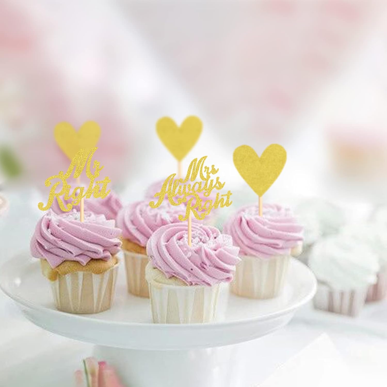 Paquete de 24 adornos para cupcakes Mr Right Mrs Always Right, diseño de corazón para despedida de soltera, bodas, compromisos, cumpleaños,