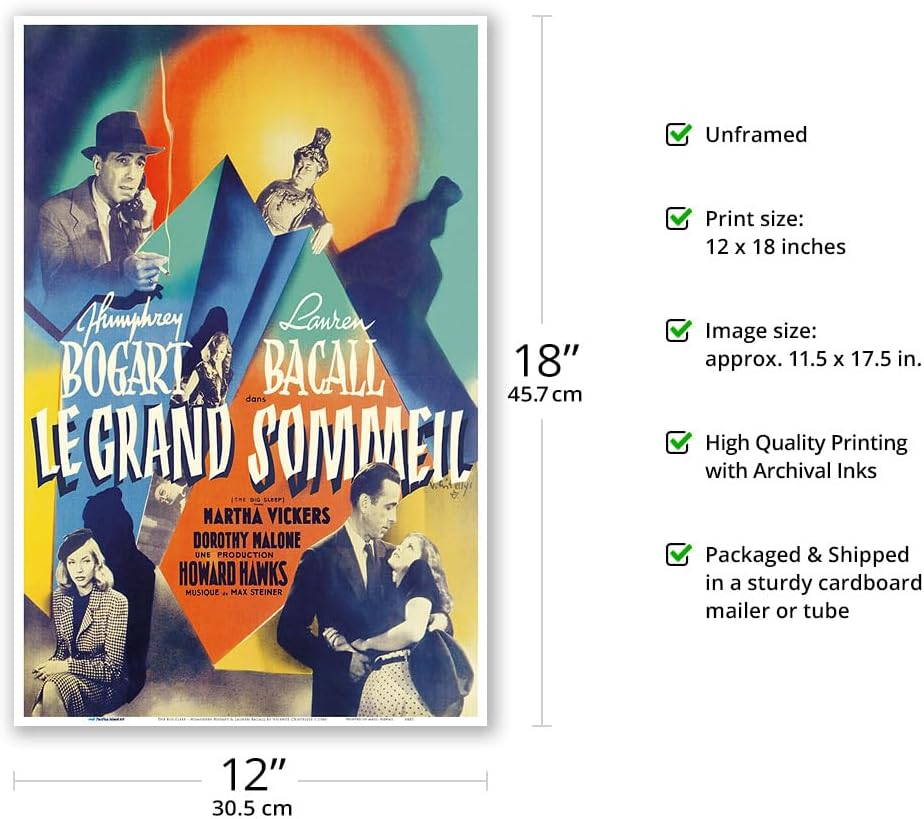 The Big Sleep (Le Grand Sommeil) protagonizada por Humphrey Bogart y Lauren Bacall – Póster de película negra francesa vintage por Vicente