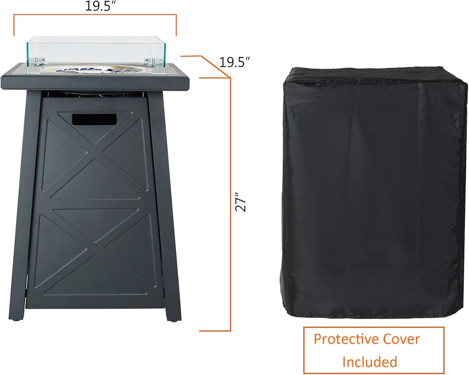 Mesa de fuego de acero de 19.5 pulgadas, hoguera de gas para exteriores de 40,000 BTU, diseño moderno, columna de propano para patio, chimenea con