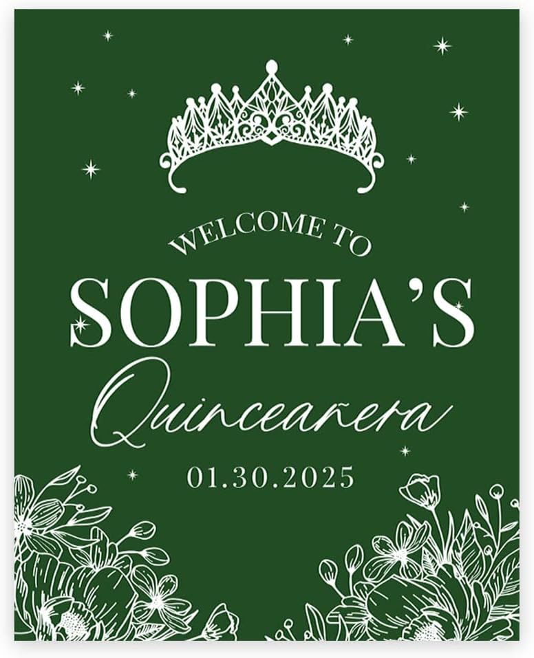Andaz Press Letrero de bienvenida de quinceañera grande, corona con líneas florales de 16 x 20 pulgadas, lienzo premontado para Mis Quince Años,