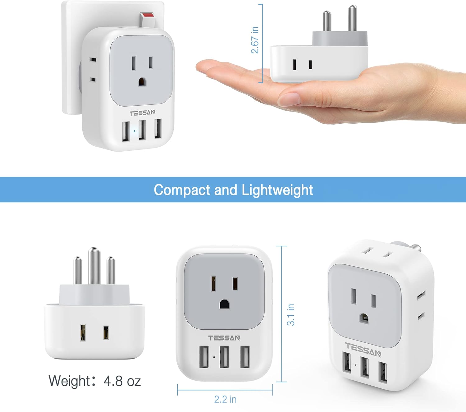 TESSAN Adaptador de enchufe de EE. UU. a India, adaptador de corriente 7 en 1 con 4 salidas de CA, 3 puertos de carga USB, adaptador de viaje para