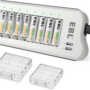 EBL Cargador de baterÃa con pilas AA AAA cargador de baterÃa 8Bay y 4 pilas AA recargables de 2800 mAh y 4 pilas AAA NiMh EBL Cargador de baterÃa con pilas AA AAA cargador de baterÃa 8Bay y 4 pilas AA recargables de 2800 mAh y 4 pilas AAA NiMh
