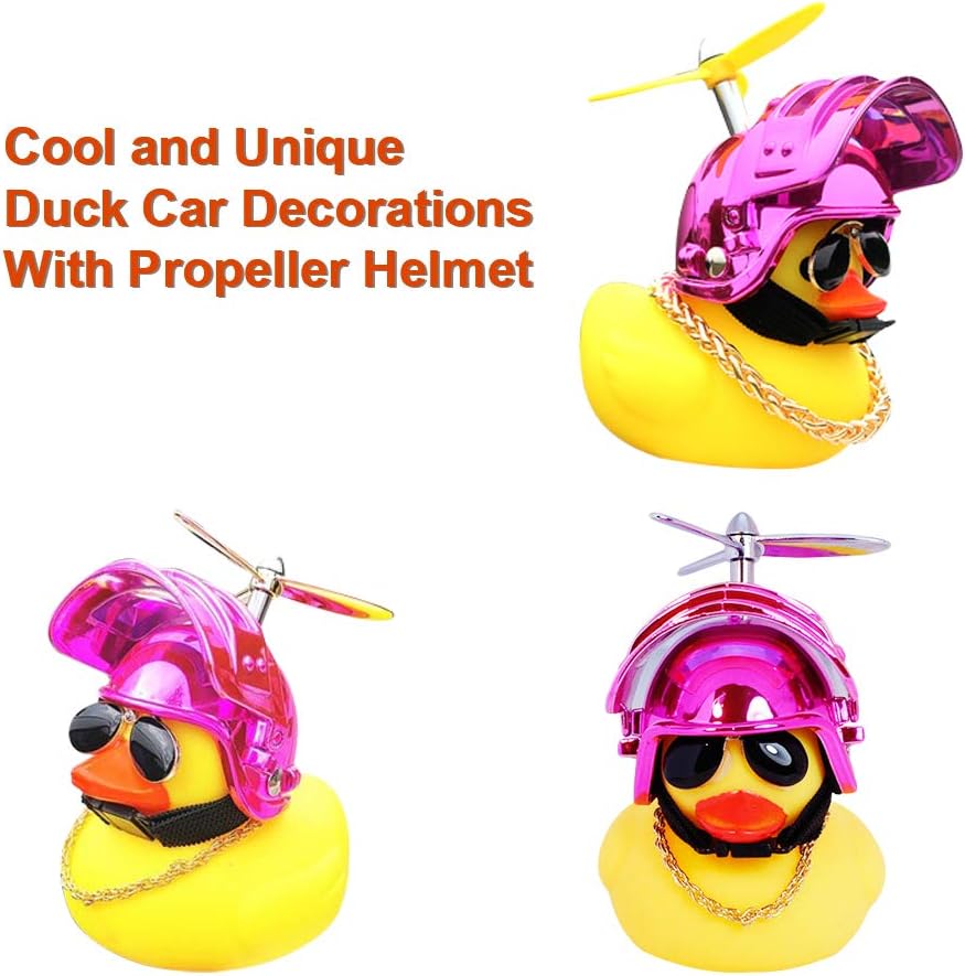 wonuu – Patito de goma amarillo de adorno, decoración para tablero de auto, el pato viene con divertidas lentes de sol y casco de hélice.