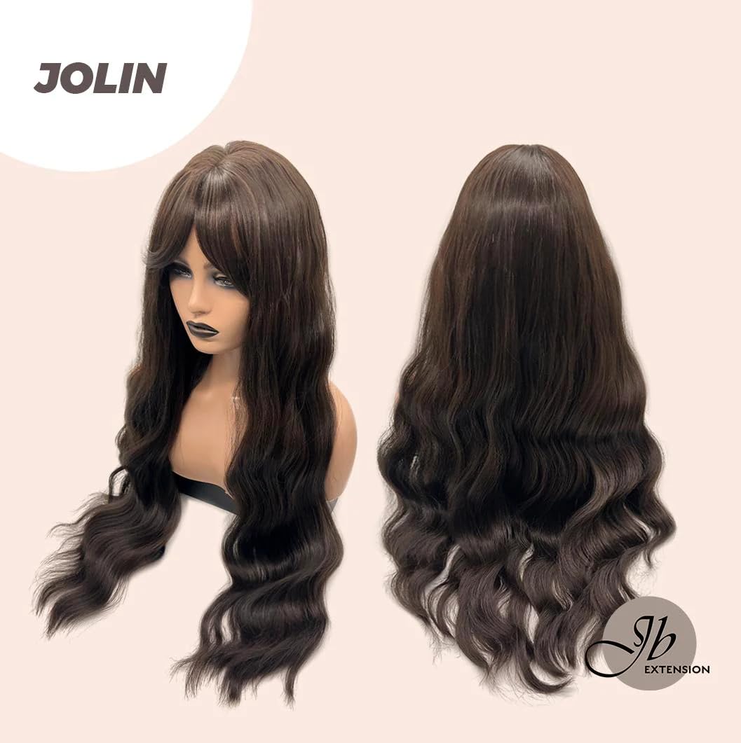 JOLIN – Peluca de cabello ondulado extra largo color marrón natural con flequillo en capas, ondulado, sin pegamento, pelucas de cabello largo para