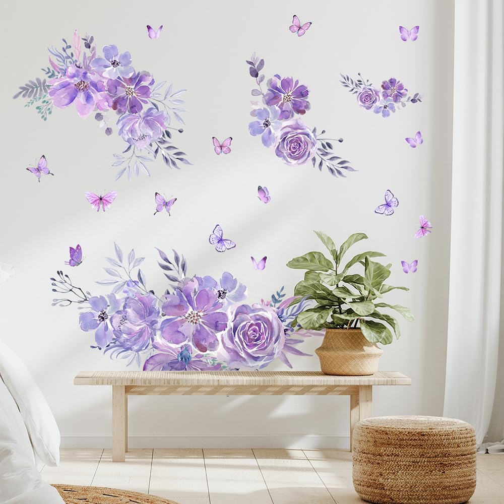Pegatinas de pared de mariposa de flores moradas, calcomanías de pared florales para dormitorio, sala de estar, cocina, TV, decoración de pared