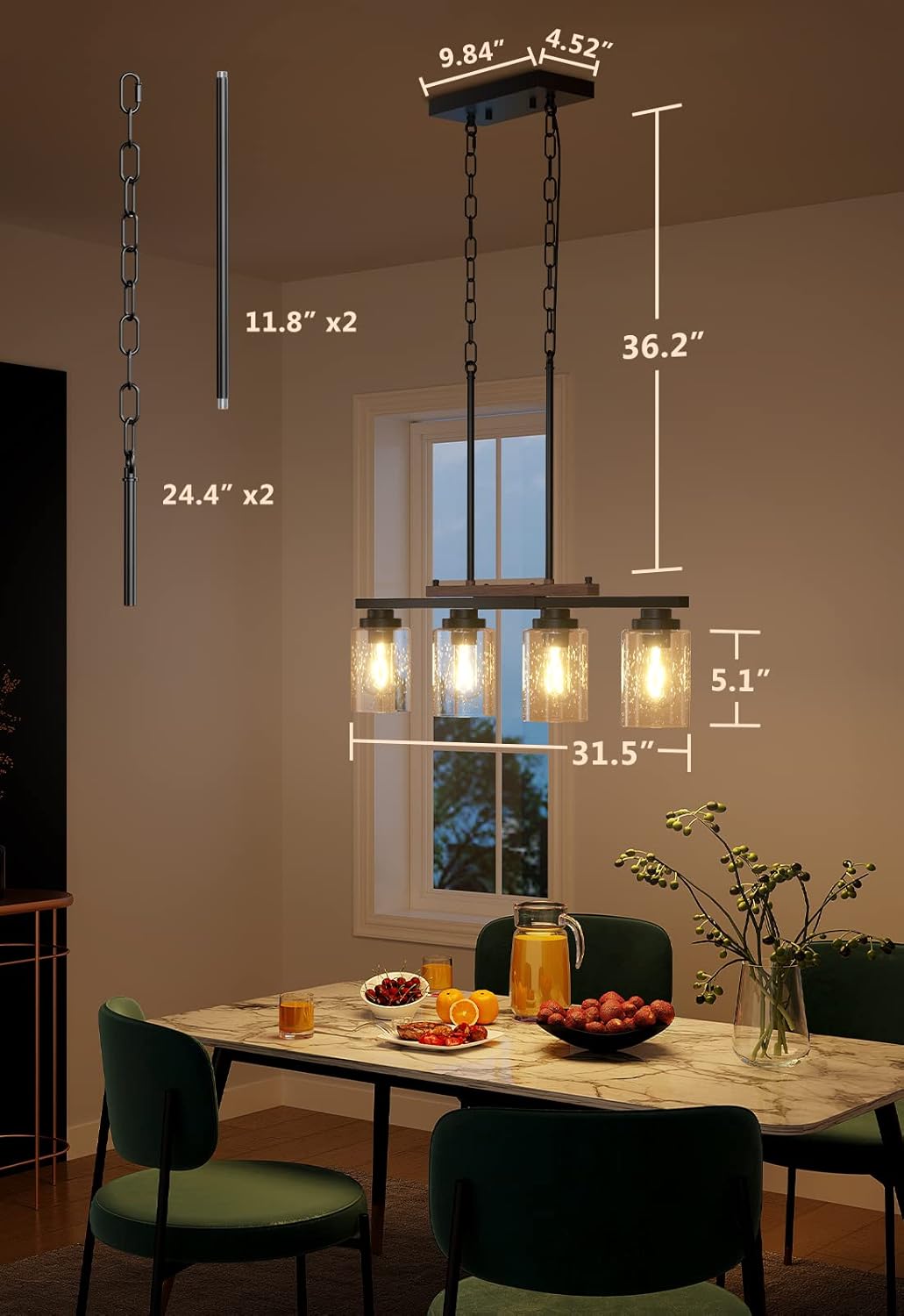 Amico Iluminación de isla de cocina, luces colgantes de granja para isla de cocina, candelabros para comedor con pantalla de vidrio y varillas