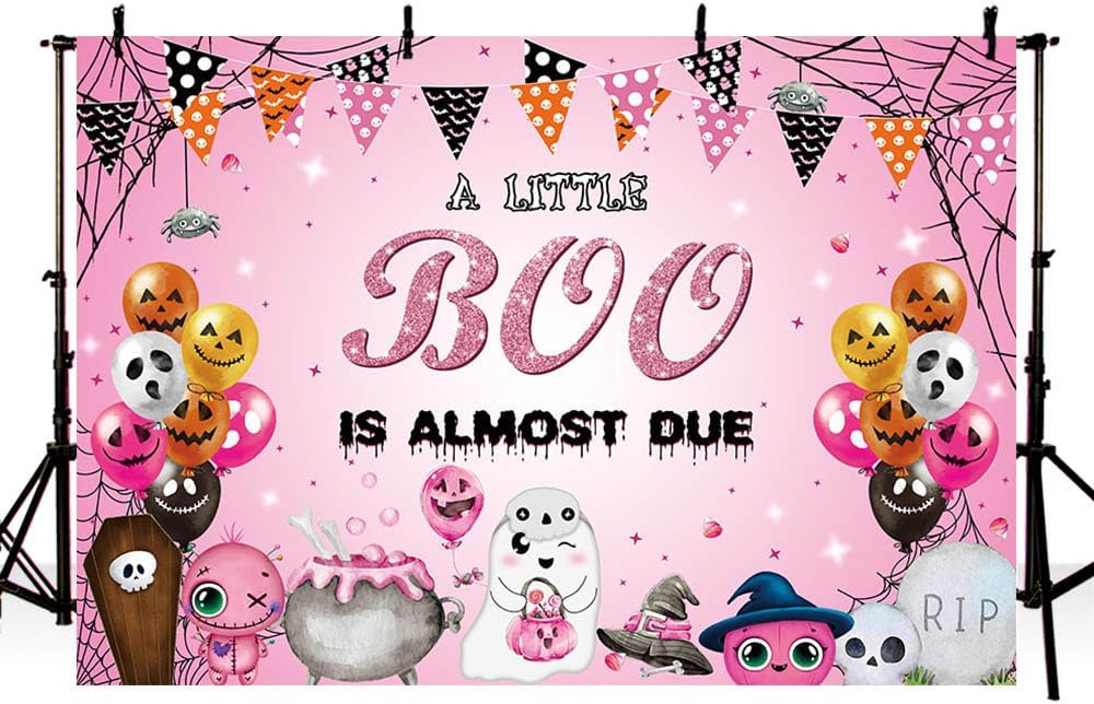 Telón de fondo de Halloween de 7 x 5 pies para baby shower, con texto en inglés “A Little Boo is Almost Due Baby Shower Decoraciones” de color rosa