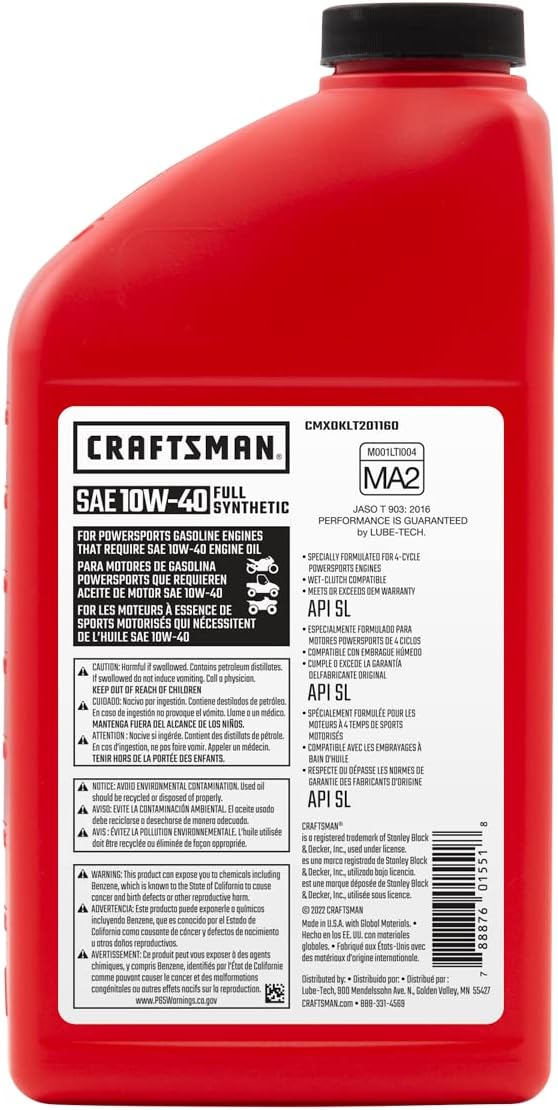 CRAFTSMAN Kit de cambio de aceite compatible con Kawasaki ZX636 ZX-7R KLZ1000 ZX1000 KRF1000 10W-40 completamente sintético – En el kit 4 cuartos de