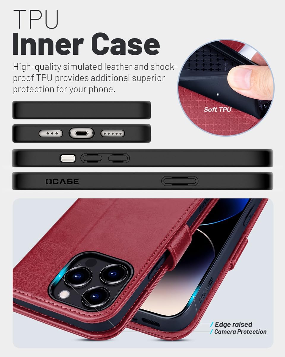 OCASE Funda tipo cartera compatible con iPhone 15 Pro, de piel sintética, con tarjetero, bloqueo RFID, soporte para teléfono carcasa interior de TPU