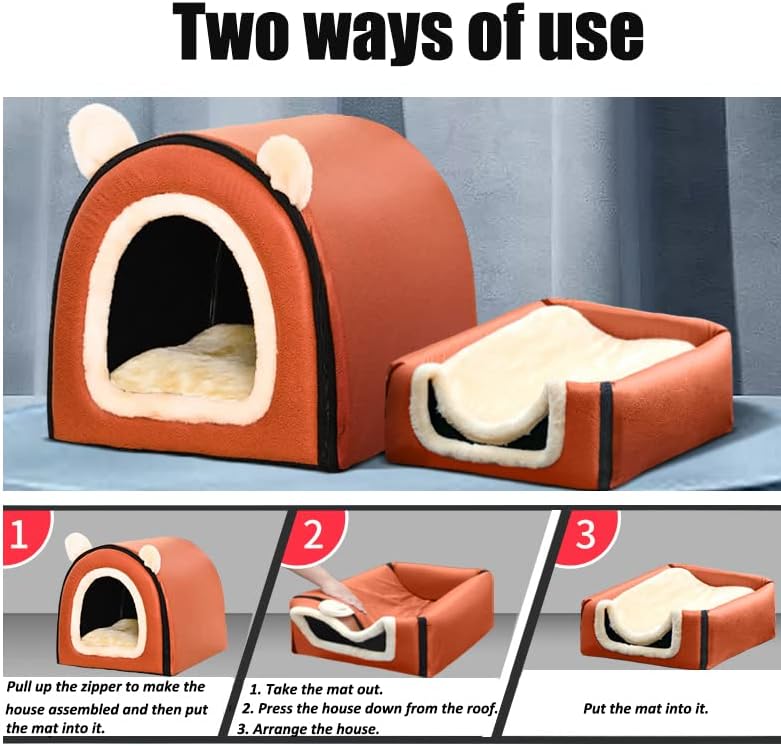 Cama para perros o gatos, 2 maneras de usar, casa para mascotas de interior con alfombrilla esponjosa, funda extraíble y lavable, casa a prueba de