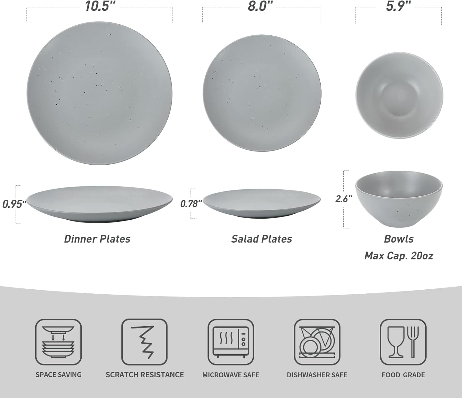 Famiware Moon – Juego de vajilla para 4, 12 piezas de cerámica con diseño moteado, juego de platos mate, apto para microondas y lavavajillas, gris