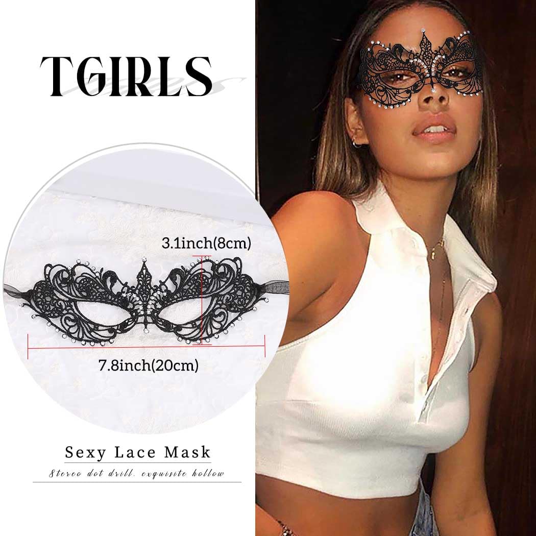 Tgirls Máscara de encaje para mujer, con diamantes de imitación, sexy, máscara facial de encaje, máscara de ojos de Halloween (negro)