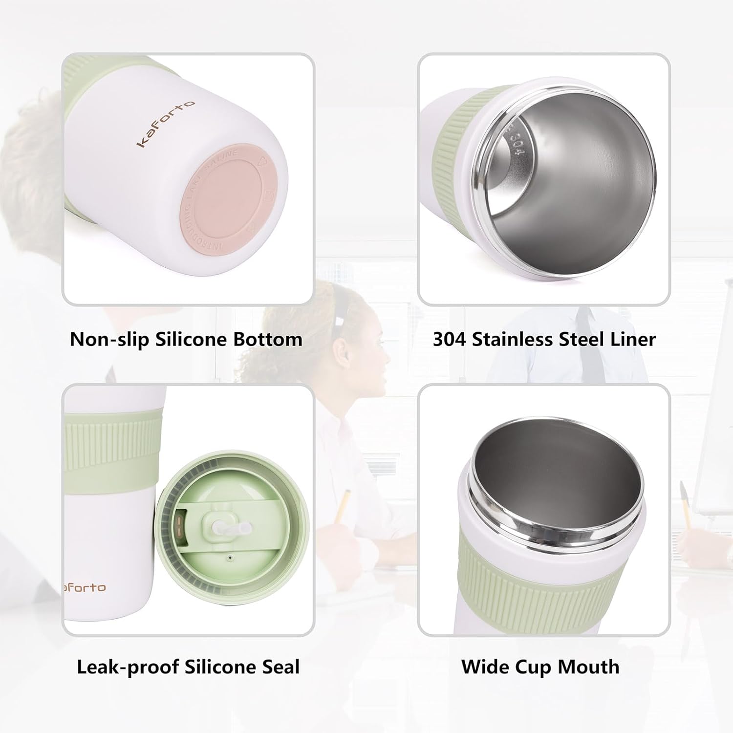 Taza de café de viaje de 15 onzas, tazas de café aisladas con tapa abatible, tazas de café de acero inoxidable a prueba de derrames, vasos de vacío