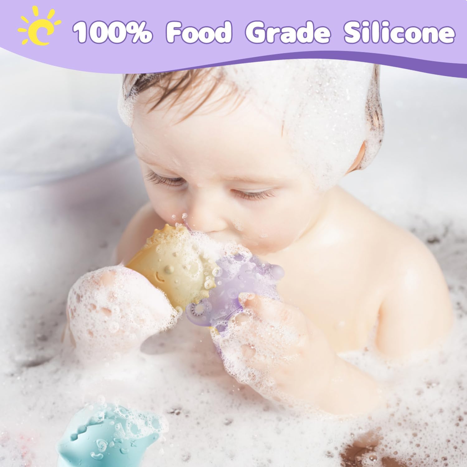 Juguetes de baño de silicona sin moho con botes flotantes para niños pequeños de 1 a 3 años, 10 unidades, juguetes de baño de dinosaurios sin moho