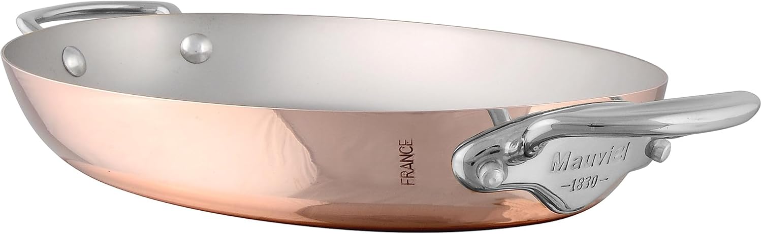 Mauviel M’150 S – Sartén ovalada de cobre pulido y acero inoxidable con asas de acero inoxidable fundido, 9.8 pulgadas, fabricada en Francia