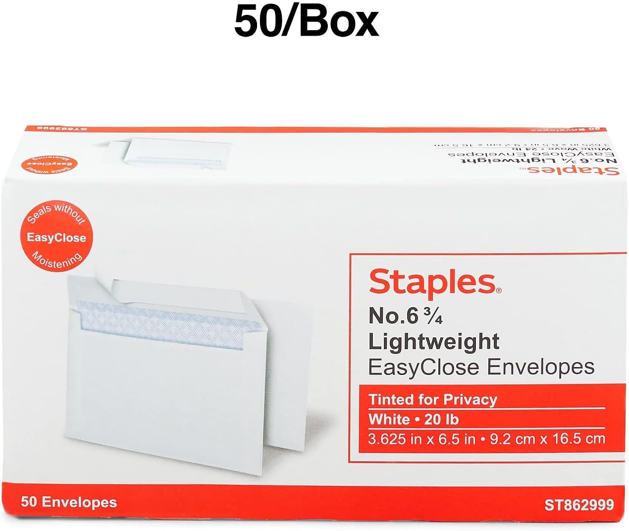 Staples Sobres comerciales tintados de seguridad autosellados #6 34, 3 58 pulgadas x 6 12 pulgadas, blanco, 150cartón (ST862999-CCVS)