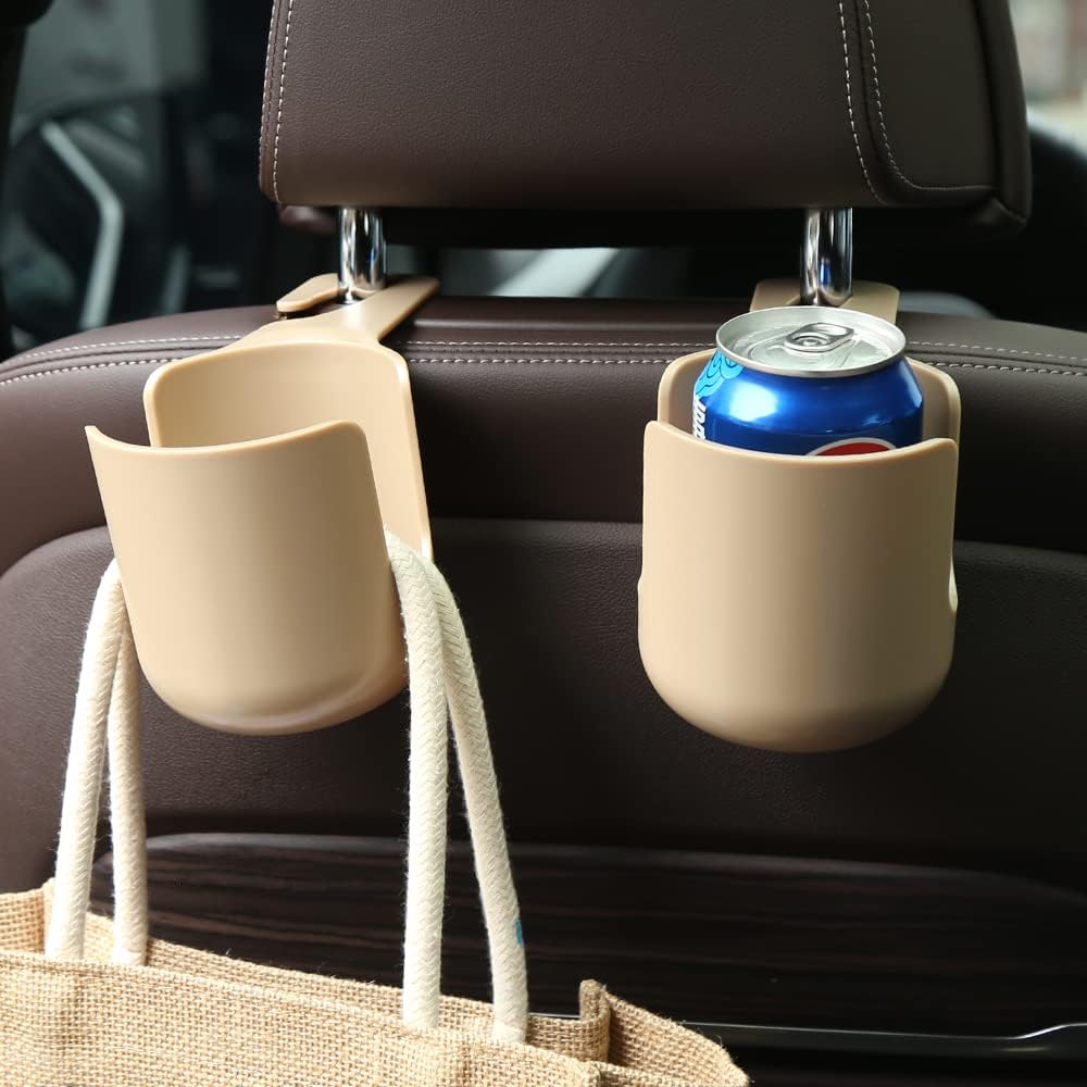 Car Seat Headrest Hook Hanger Storage Organizer Universal with Cup Holder for Handbag fit Universal Vehicle Car (Beige)