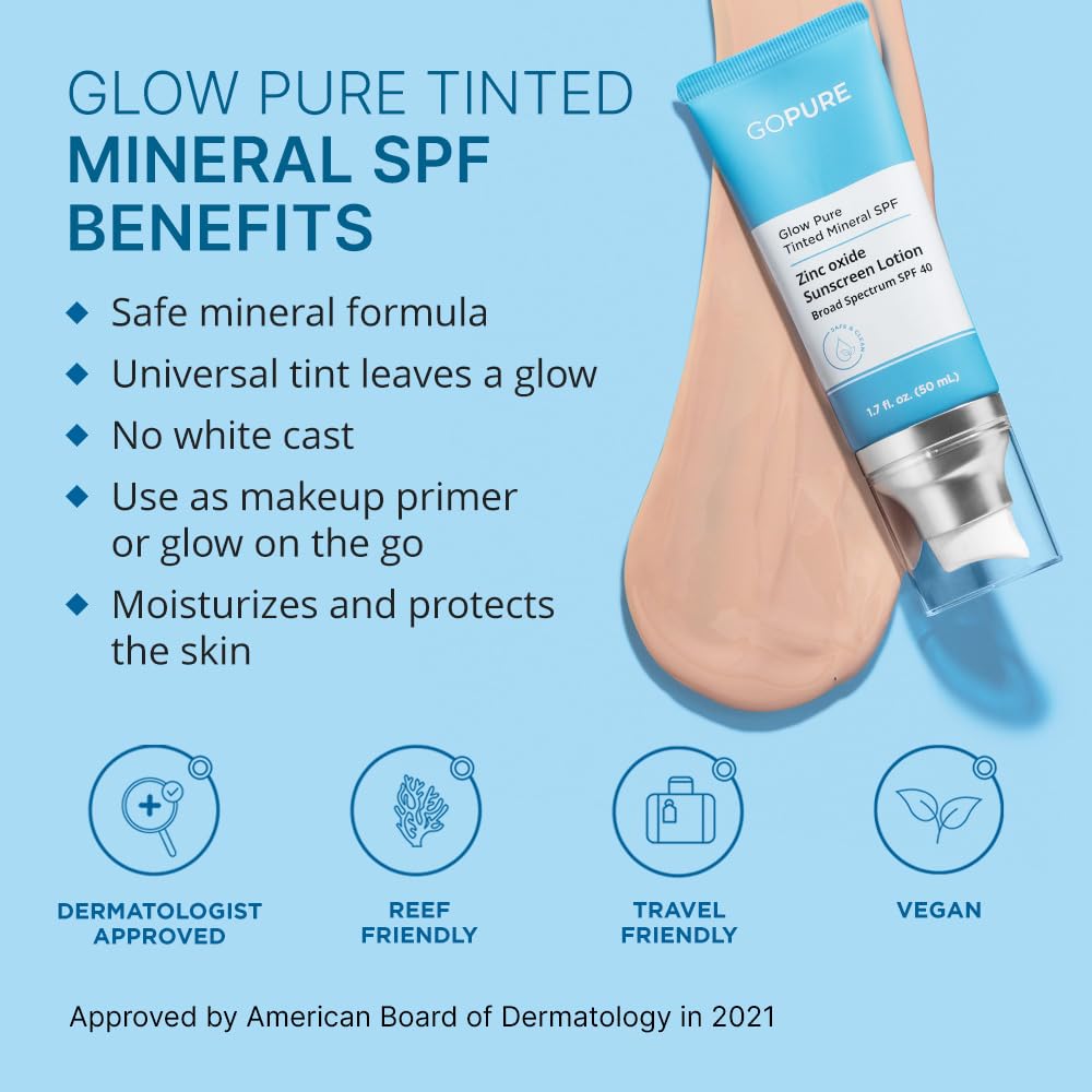goPure Glow Pure Mineral SPF 40 PA +++  Protector solar facial probado por dermatólogos  Hidratante teñido con SPF  Piel brillante protegida  Sin