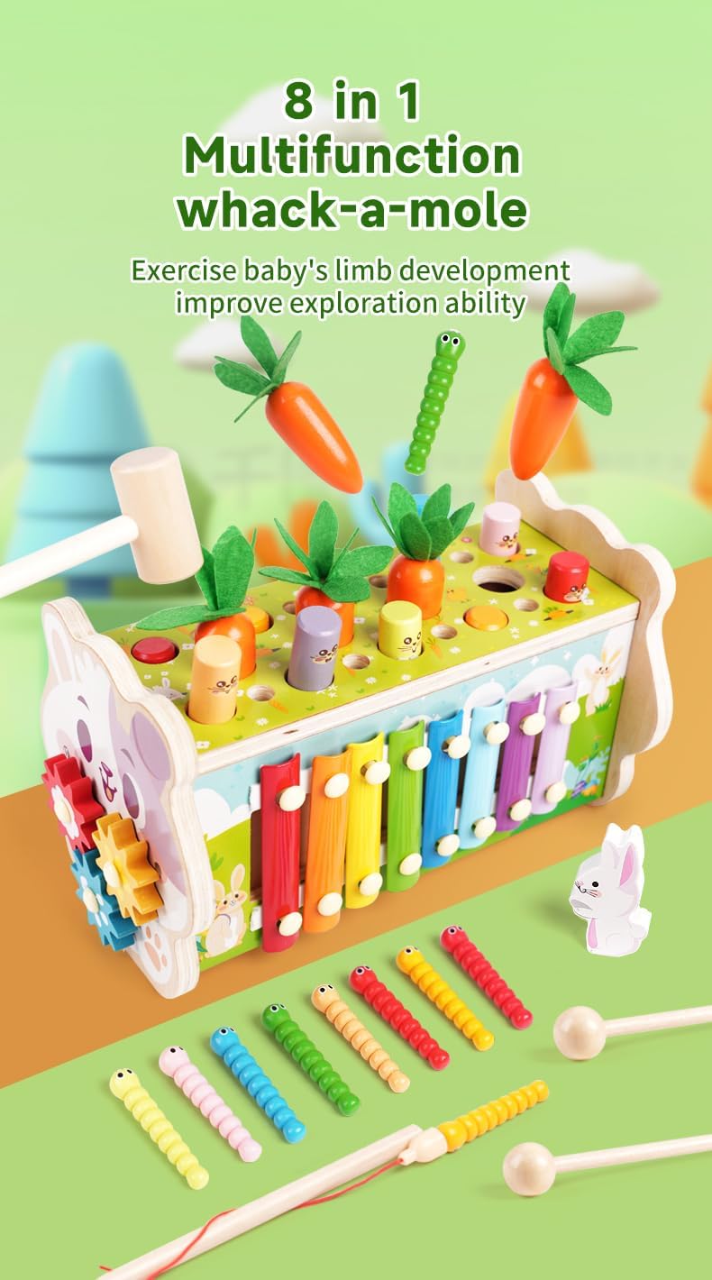 Juguetes Montessori para niños de 1 año, (8 en 1), juguete de madera para golpear martillos, juego de golpe a topos para niños pequeños, juego de