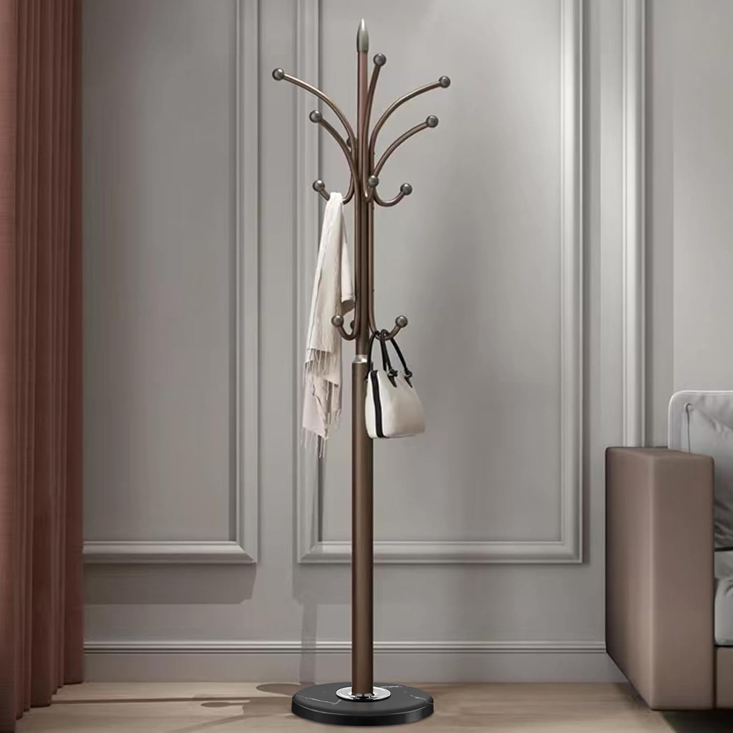 Perchero de metal con base de mármol natural, perchero independiente, árbol de pasillo independiente con 12 ganchos para colgar ropa, bolsos,