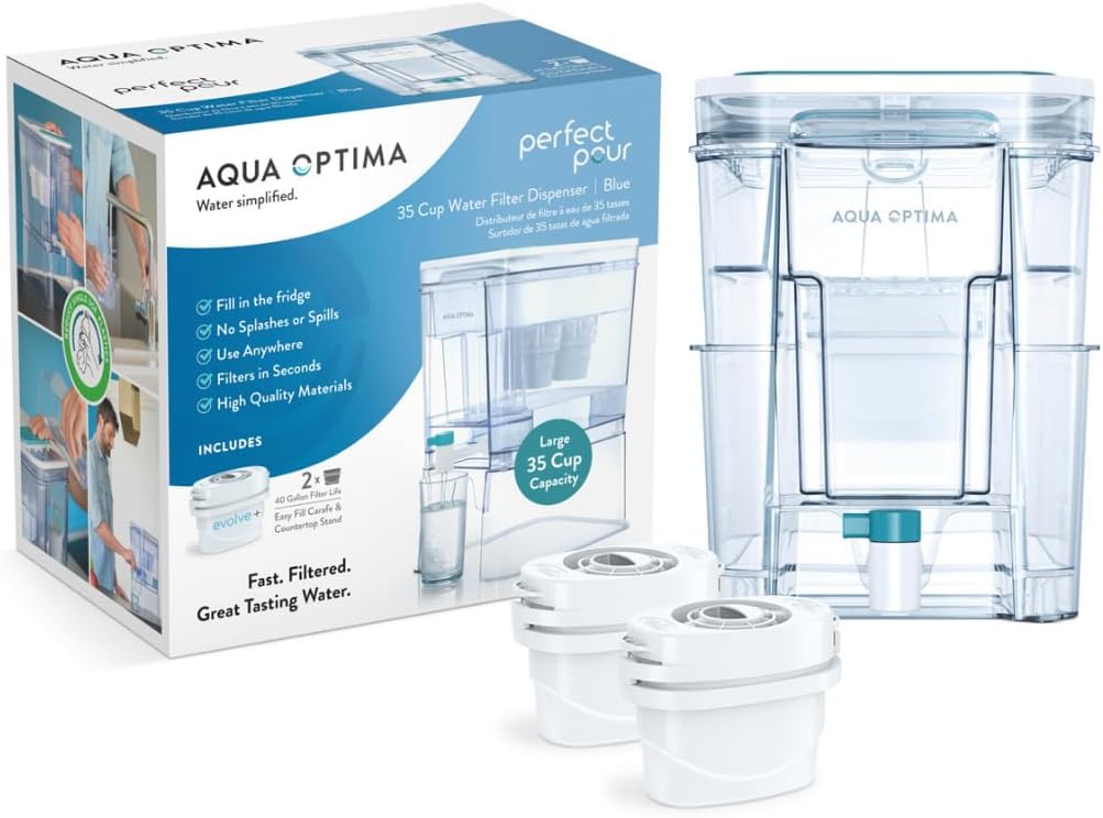 Perfect Pour XL Elite – Dispensador de filtro de agua de 35 tazas para refrigerador de Aqua Optima, reduce los microplásticos, sin BPA, certificado
