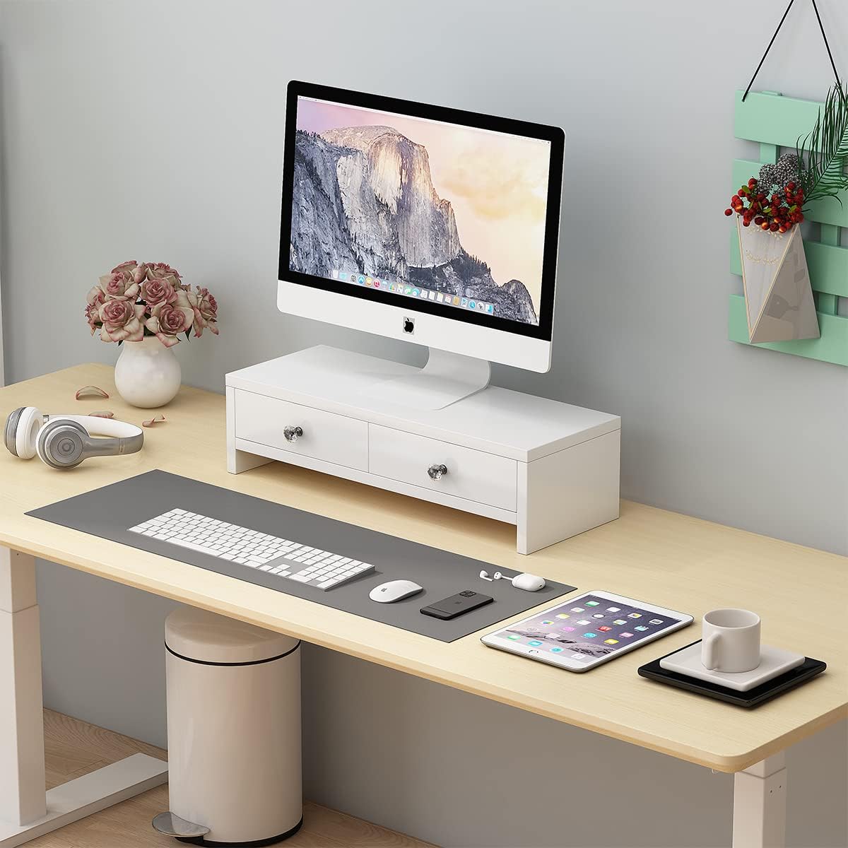 Soporte elevador para monitor con cajones, soporte para monitor de computadora, soporte organizador de escritorio para laptop, PC, suministros de