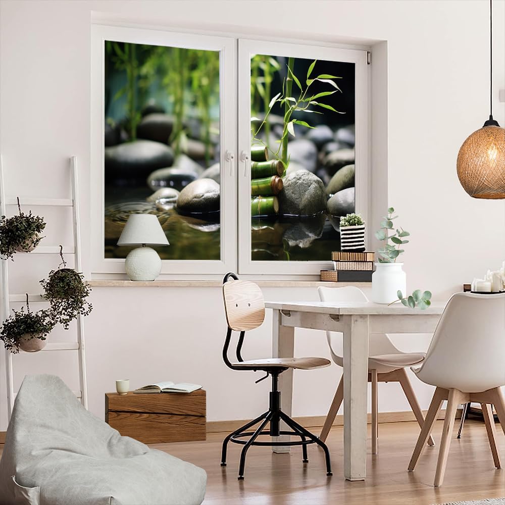 Película de privacidad de bambú para ventana de agua clara, piedra botánica bodegón, estilo moderno, vitrales, sin pegamento, película estática para