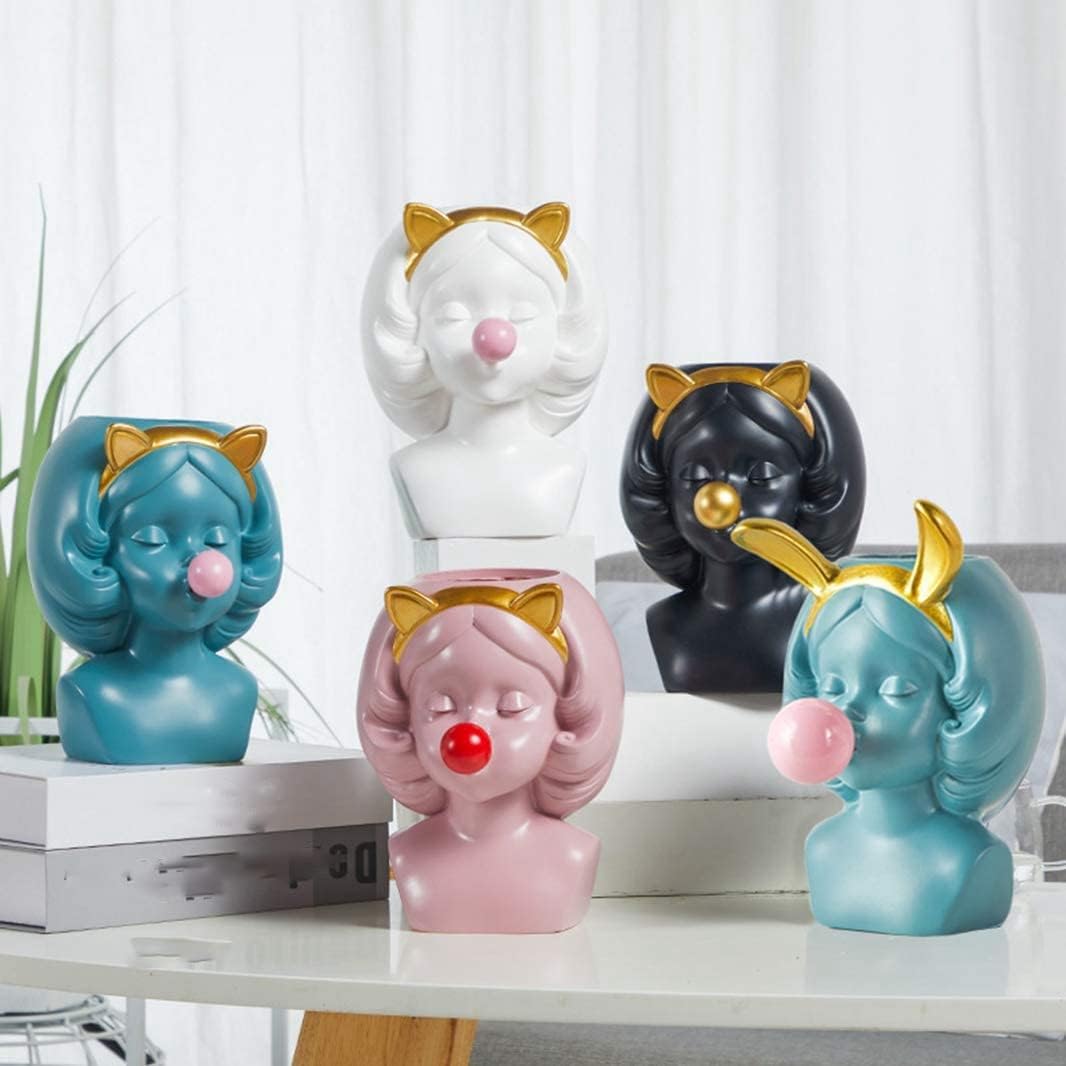 Pequeño florero de resina nórdica linda chica chicle estatua figura suculenta planta maceta moderna decoración del hogar soporte para bolígrafo