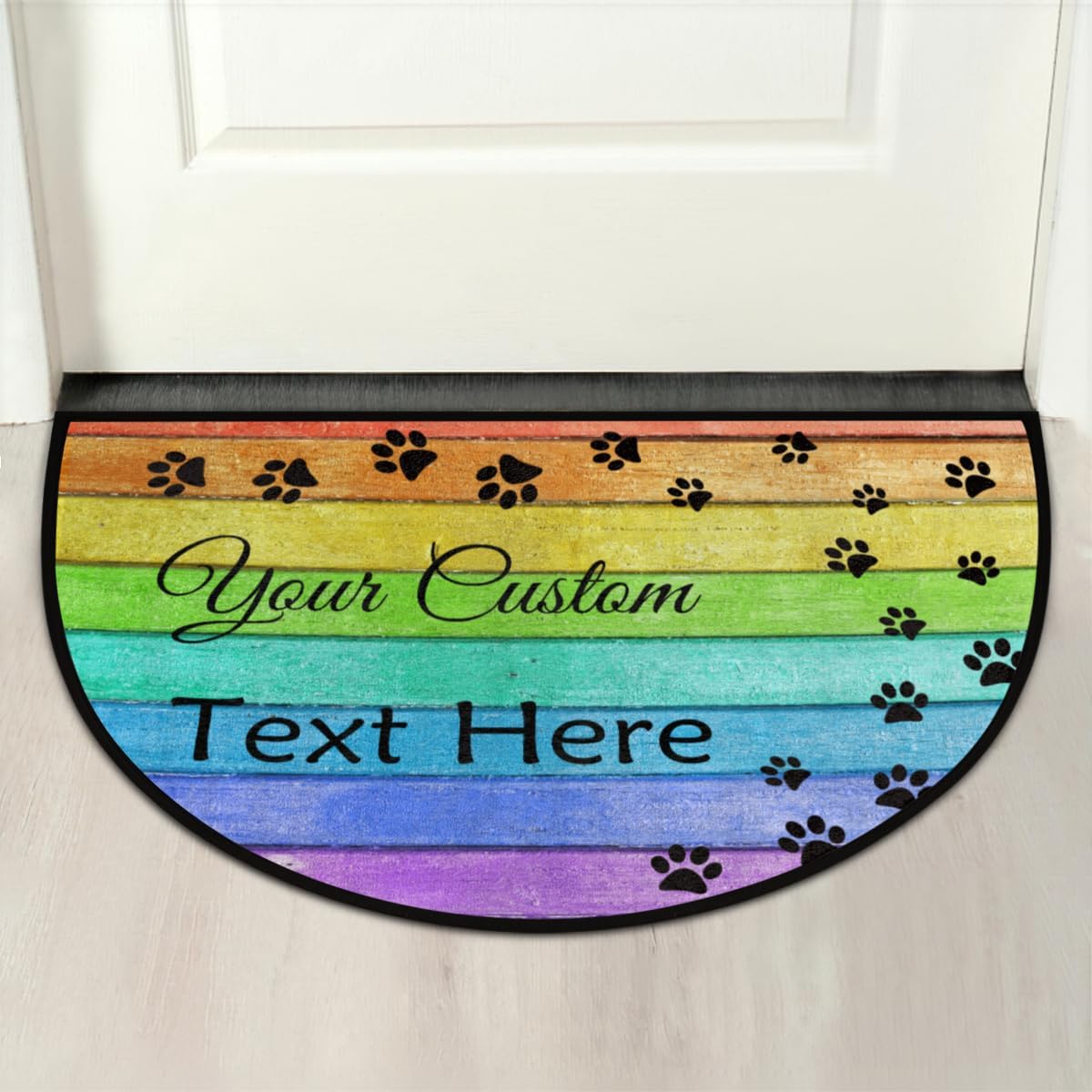 FZDXZJJ Tapete de puerta semicircular personalizado con estampado de patas, diseño de arco iris, texto personalizado de bienvenida para exteriores,