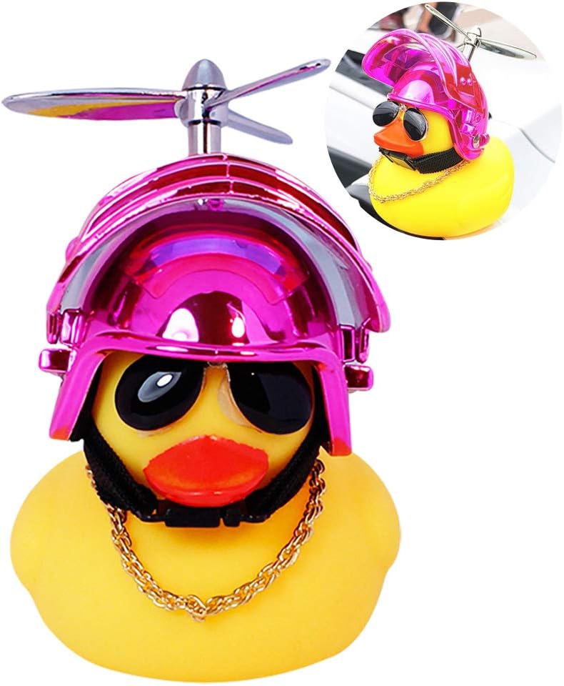 wonuu – Patito de goma amarillo de adorno, decoración para tablero de auto, el pato viene con divertidas lentes de sol y casco de hélice.