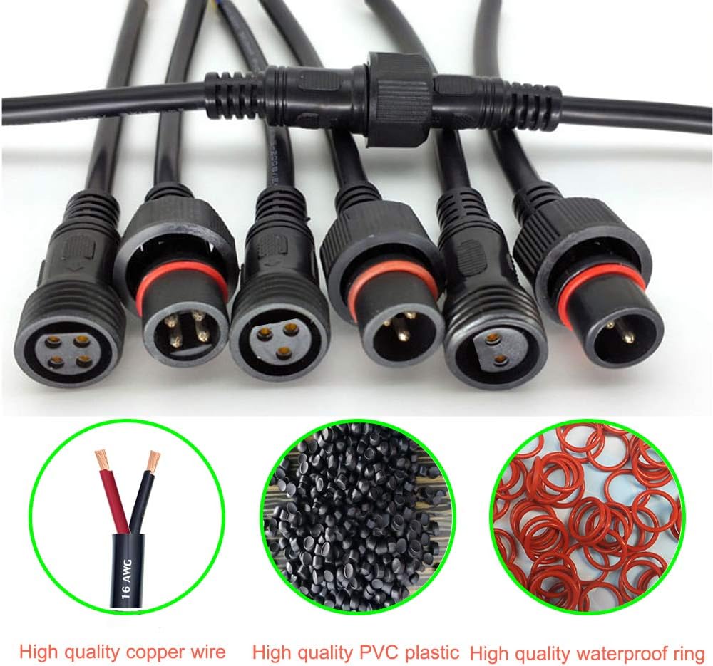 YETOR Conectores impermeables de 2 cables, conector LED macho hembra de 16 AWG con conectores impermeables de 2 pines, cable de extensión IP68 de