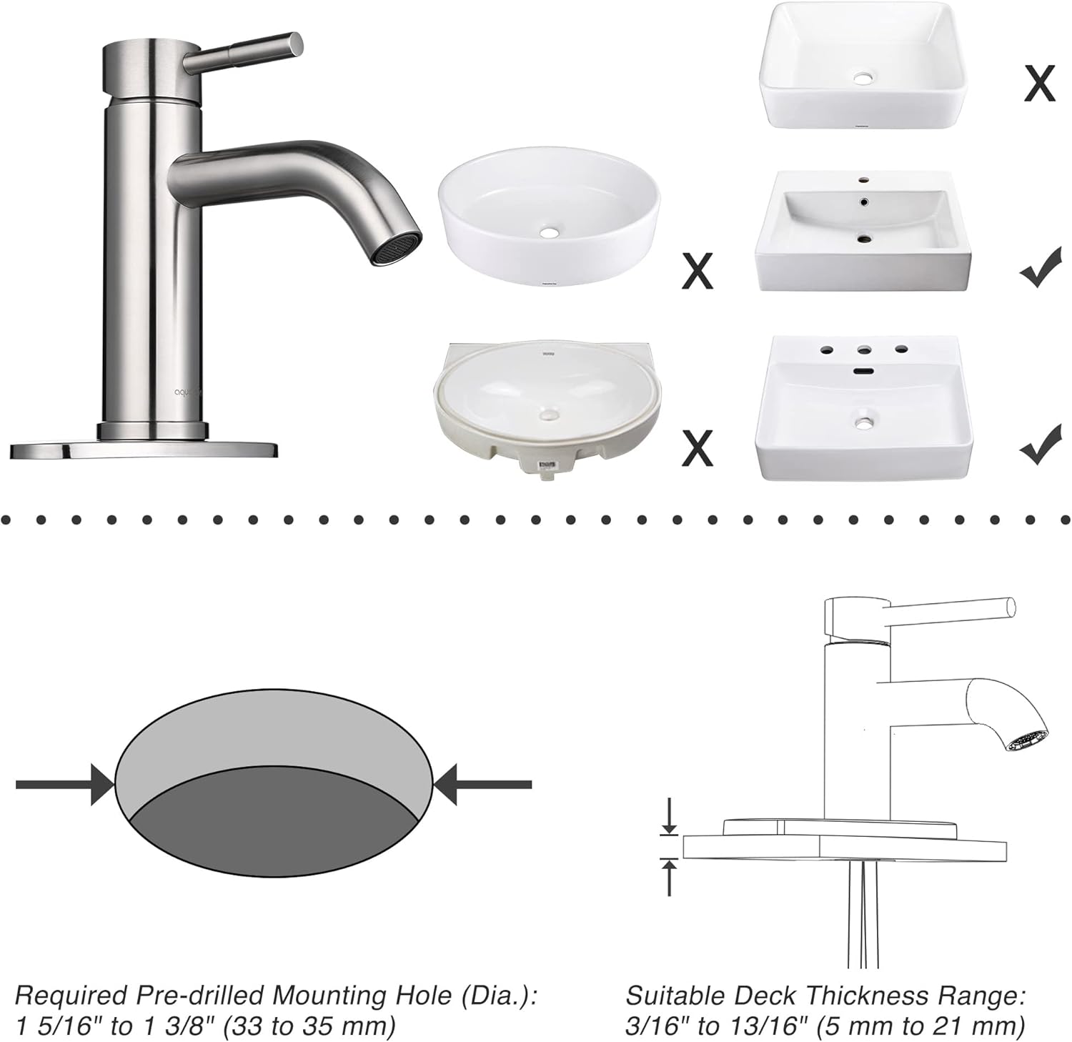 Aquaterior Grifo de baño de una sola manija para fregadero de baño, grifo de níquel con drenaje emergente para caravana, montaje en cubierta, 1