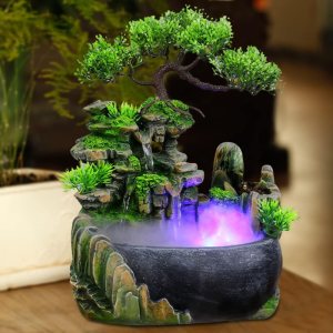 Fuente de agua de mesa, fuente de cascada interior con luces LED coloridas y atomizador, mini rocalla de escritorio, fuente de escritorio de Fuente de agua de mesa, fuente de cascada interior con luces LED coloridas y atomizador, mini rocalla de escritorio, fuente de escritorio de