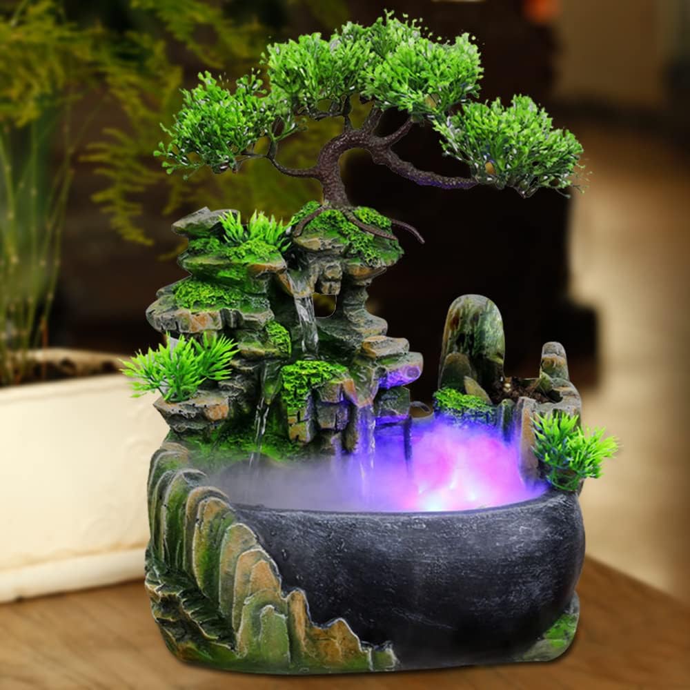 Fuente de agua de mesa, fuente de cascada interior con luces LED coloridas y atomizador, mini rocalla de escritorio, fuente de escritorio de