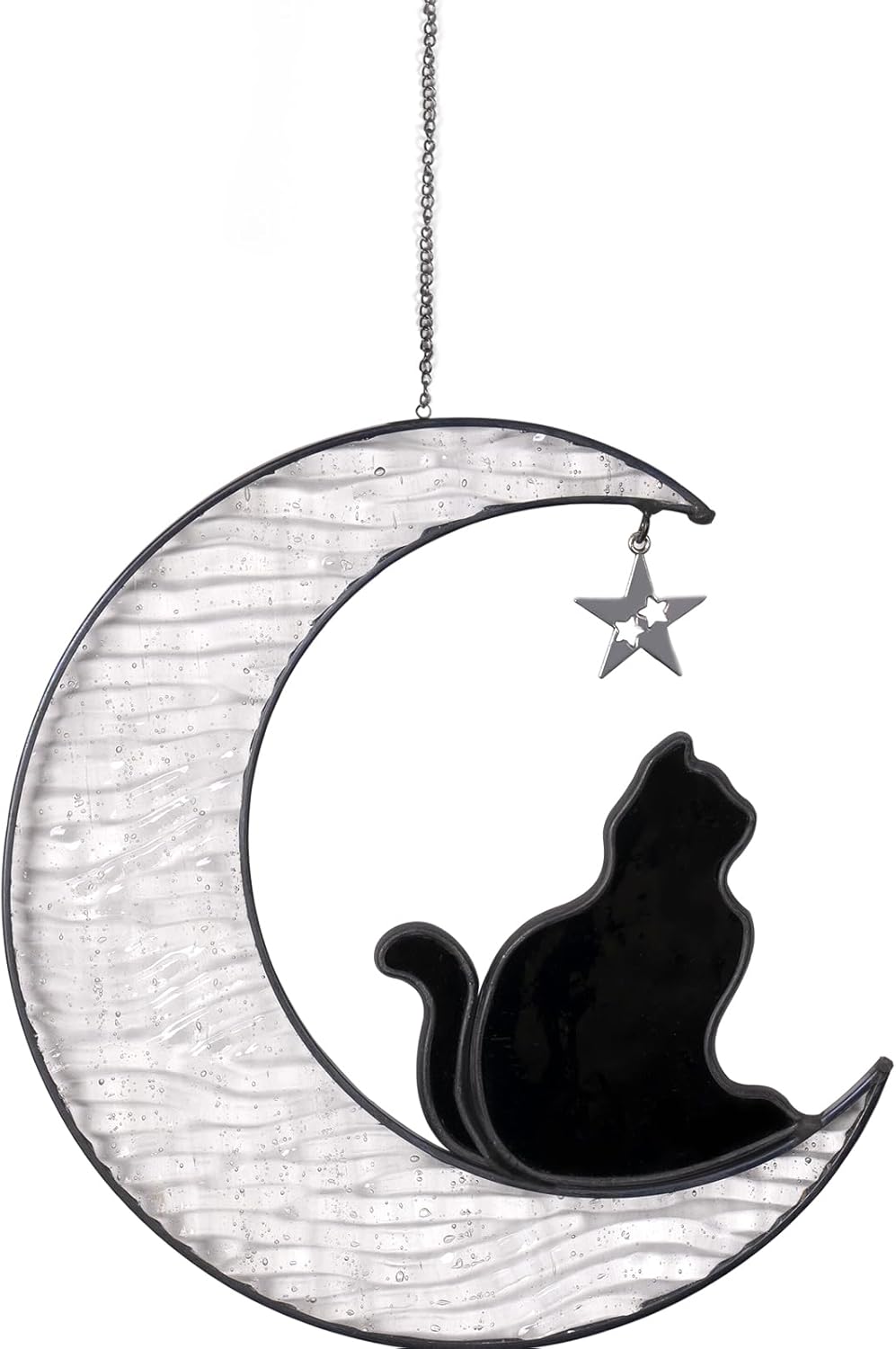 TWOQZ Gato de vidrieras en luna blanca, regalos de gato para amantes de los gatos, atrapasoles de gato negro hecho a mano para colgar ventanas de