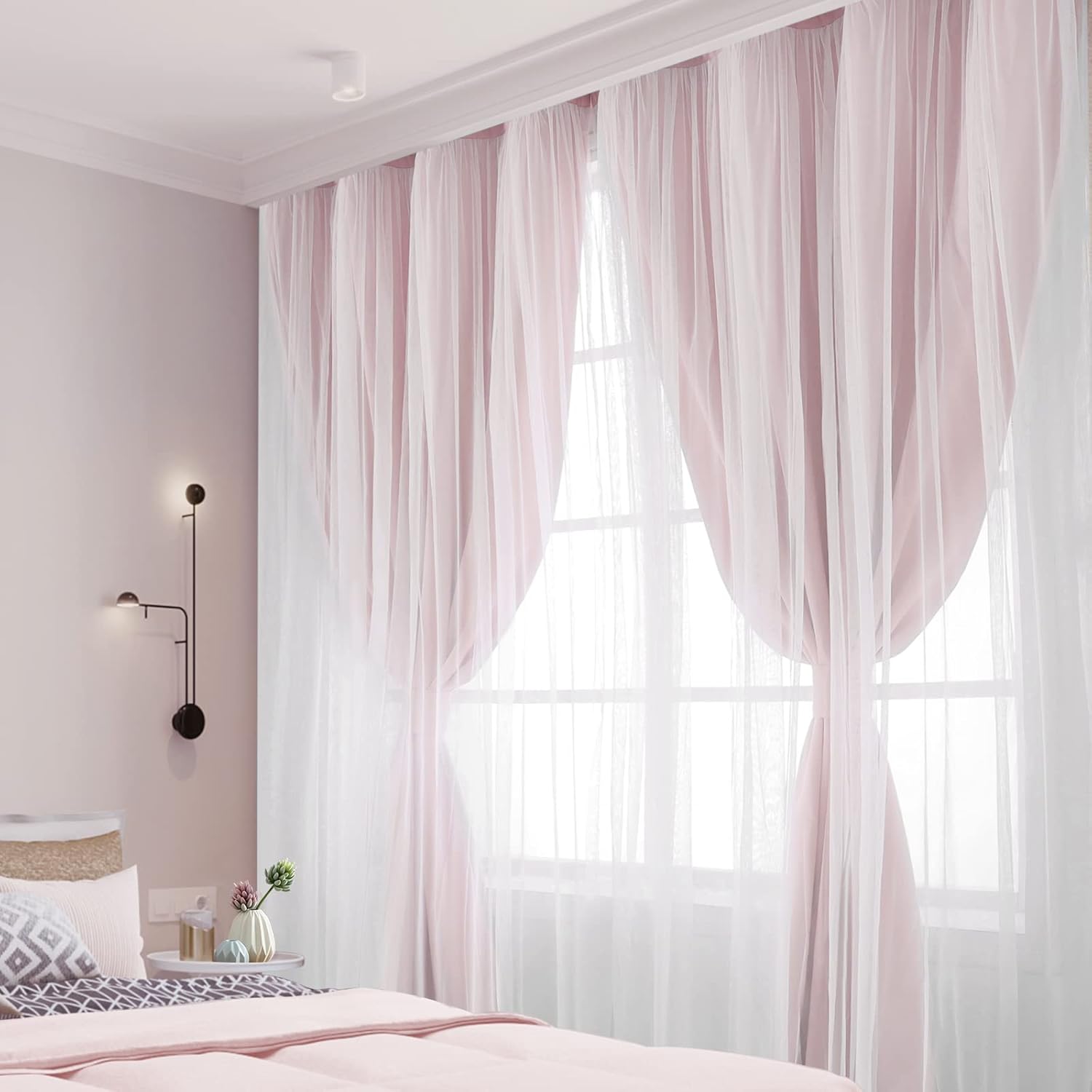 HOMEIDEAS Cortinas opacas de doble capa de color rosa de 63 pulgadas de largo, 2 paneles de cortinas para habitación de niñas y niños, cortinas
