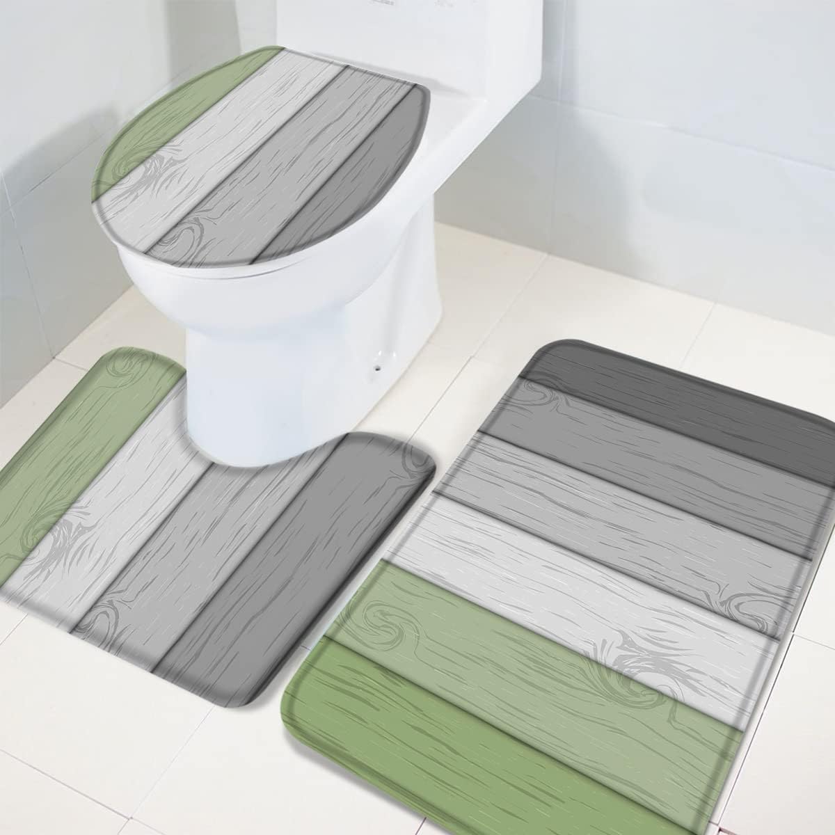 Juego de 3 alfombras de baño antideslizantes de grano de madera verde salvia con rayas grises y verdes, tapete en forma de U y tapa de inodoro,