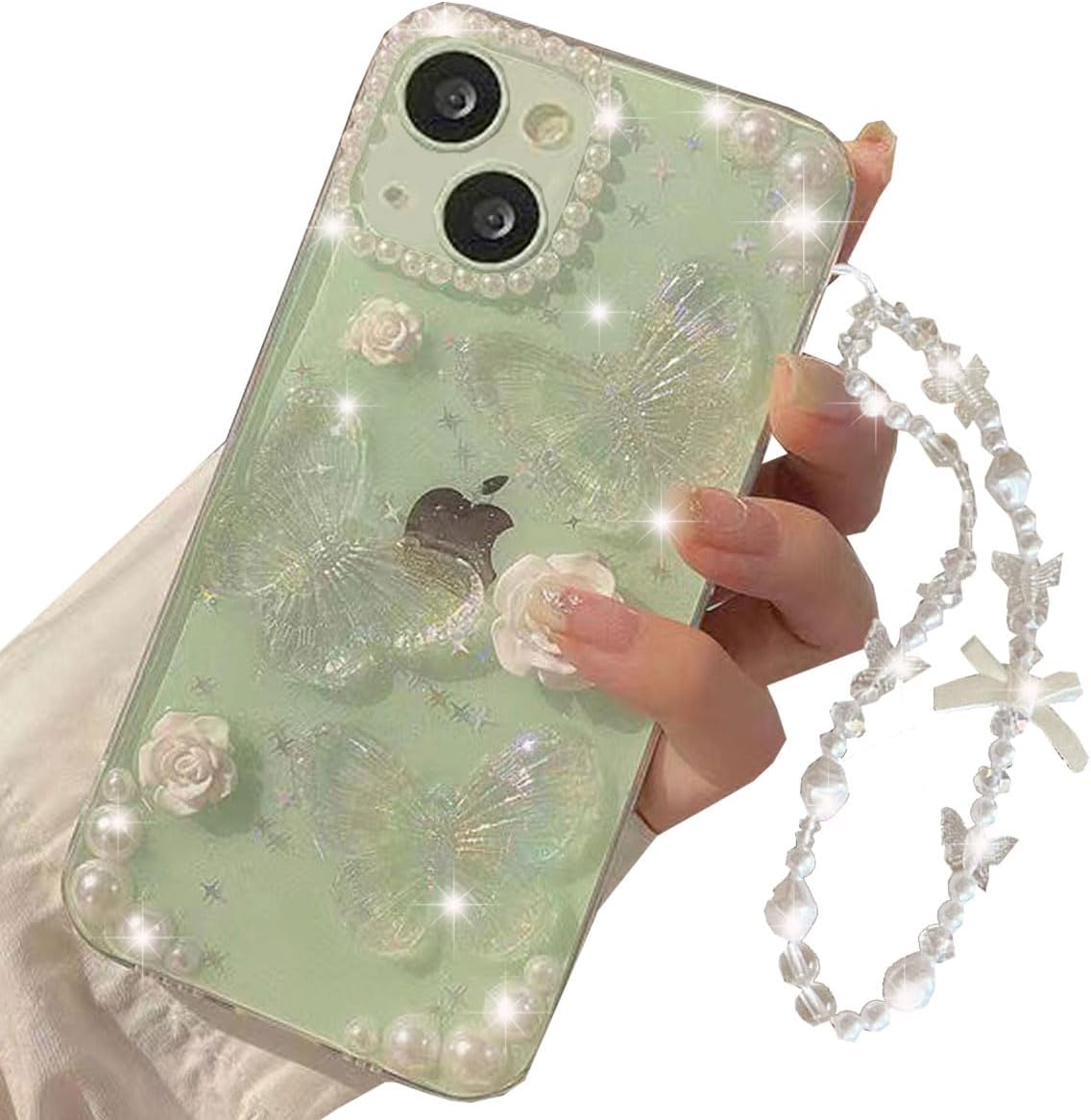 Funda transparente con purpurina para iPhone 15, bonita funda de silicona suave para mujeres y niñas, diseño de mariposas 3D, con perlas de cristal,