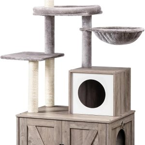 HOOBRO Torre de árbol para gatos con caja de arena para gatos de interior, condominio de madera para gatos con postes rascadores, caja de arena para HOOBRO Torre de árbol para gatos con caja de arena para gatos de interior, condominio de madera para gatos con postes rascadores, caja de arena para