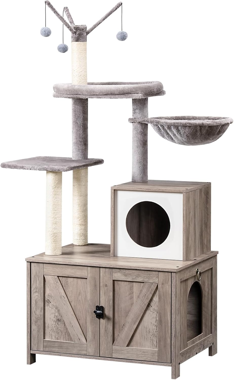 HOOBRO Torre de árbol para gatos con caja de arena para gatos de interior, condominio de madera para gatos con postes rascadores, caja de arena para