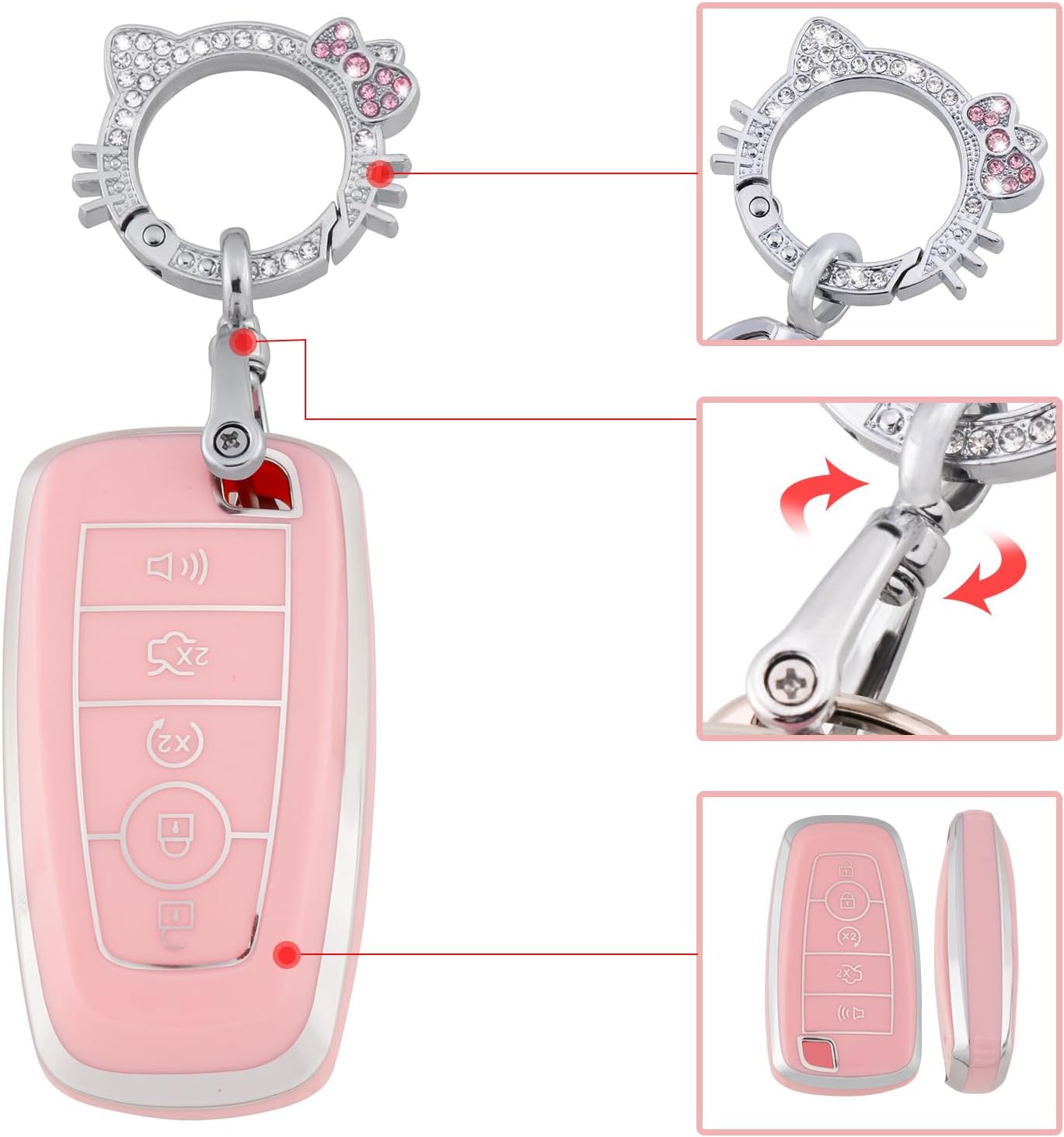 Funda rosa para llavero Ford, funda de TPU suave con llavero brillante para Edge Escape Expedition Explorer Fusion Mustang Ranger F-150 F-250