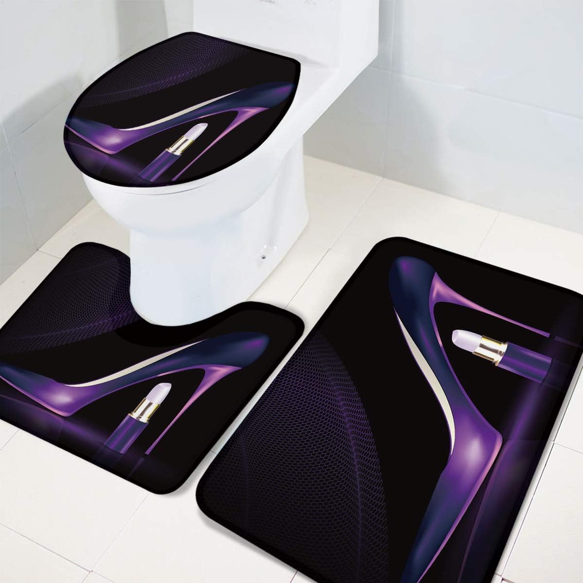 Juego de 3 alfombras de baño sexy de tacón alto, incluye tapete de contorno antideslizante, cubierta de tapa de inodoro en forma de U y tapete de