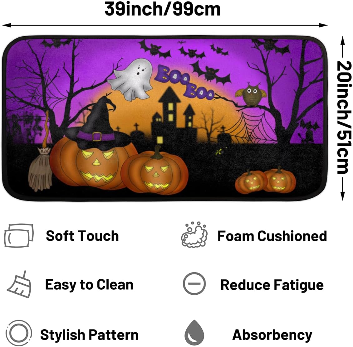 cfpolar Alfombra de cocina de fantasma, castillo de Halloween, antideslizante, antifatiga, tapete de cocina para piso, tapete de cocina acolchado