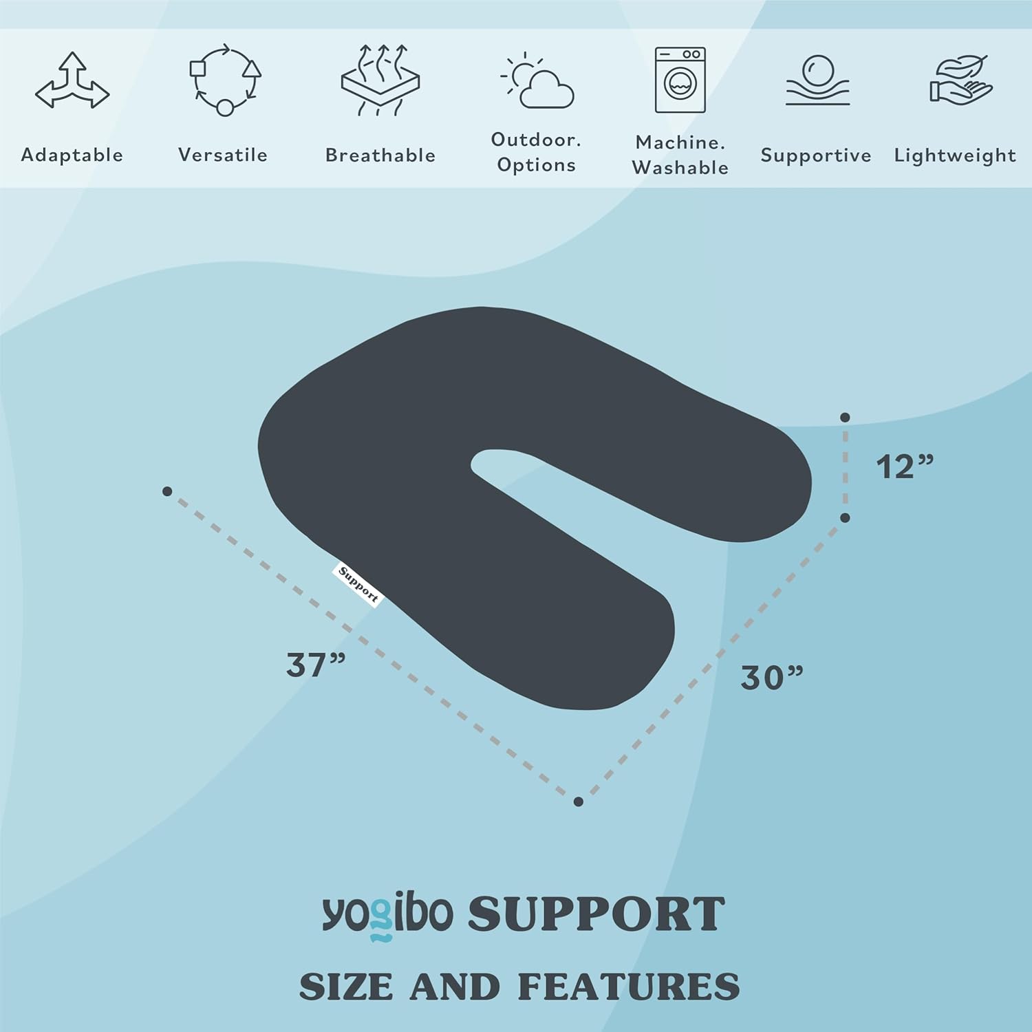 Yogibo – Almohada de apoyo para lectura, almohada única en forma de U con brazos, proporciona un excelente apoyo y comodidad, almohada de descanso